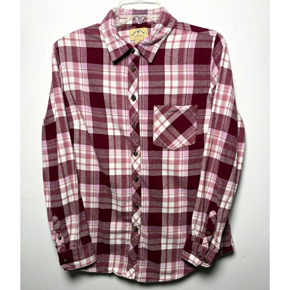 Blue Mountain Women’s M Long Sleeve Flannel Cotton Plaid Button Up Shirt Pockets
